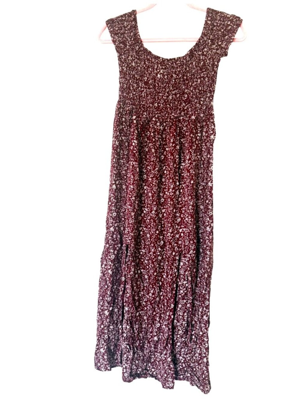Floral Burgundy Smocked Maxi Dress Size Small Cottage Core 90's Ditsy Pattern